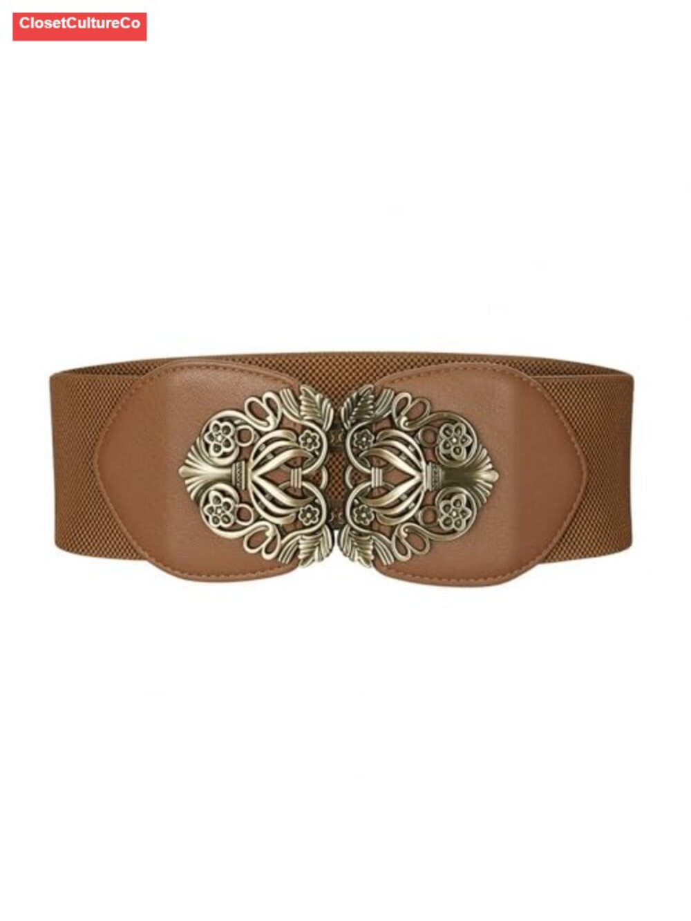 Vintage Elastic Wide Waist Belt Faux Leather Antique Buckle